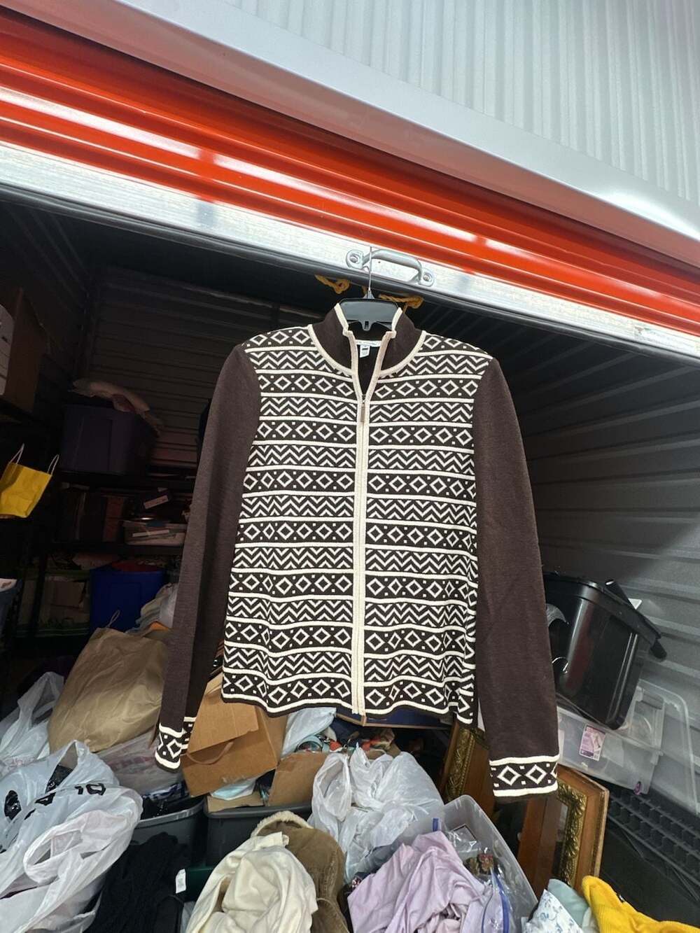 St. John Geometric Pattern Full Zip Mock Neck Knit Cardigan Sweater Jacket